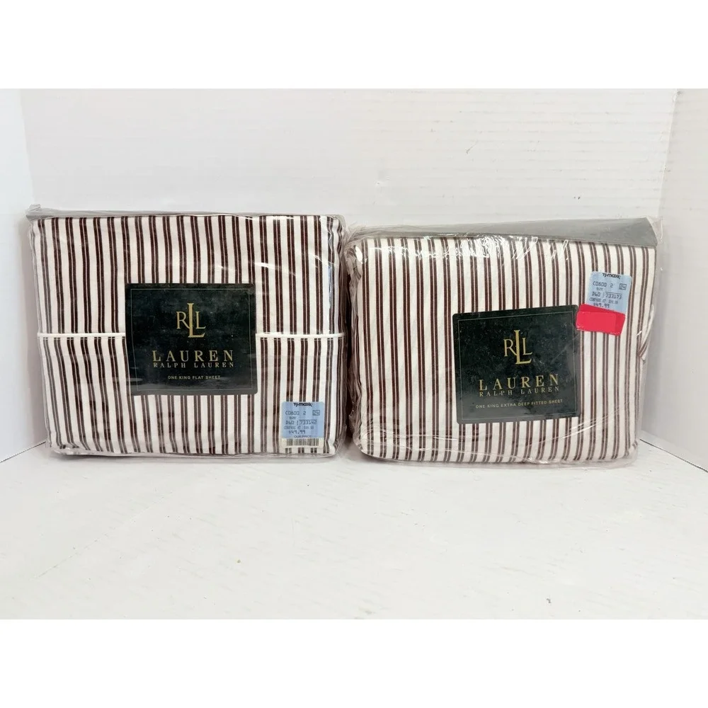 Ralph Lauren Metropolitan Place King Sheet Set Brown Stripe Flat Fitted NOS RARE